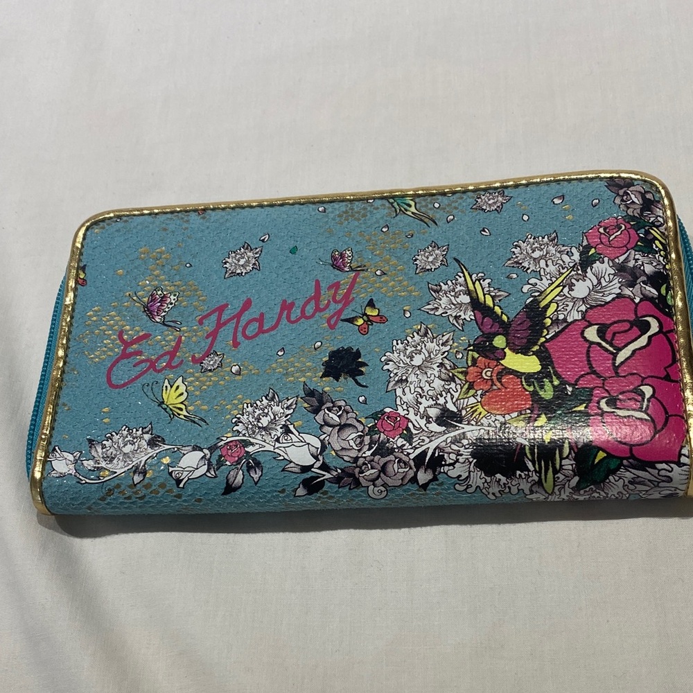 Ed Hardy Floral Wallet - Blue and Pink